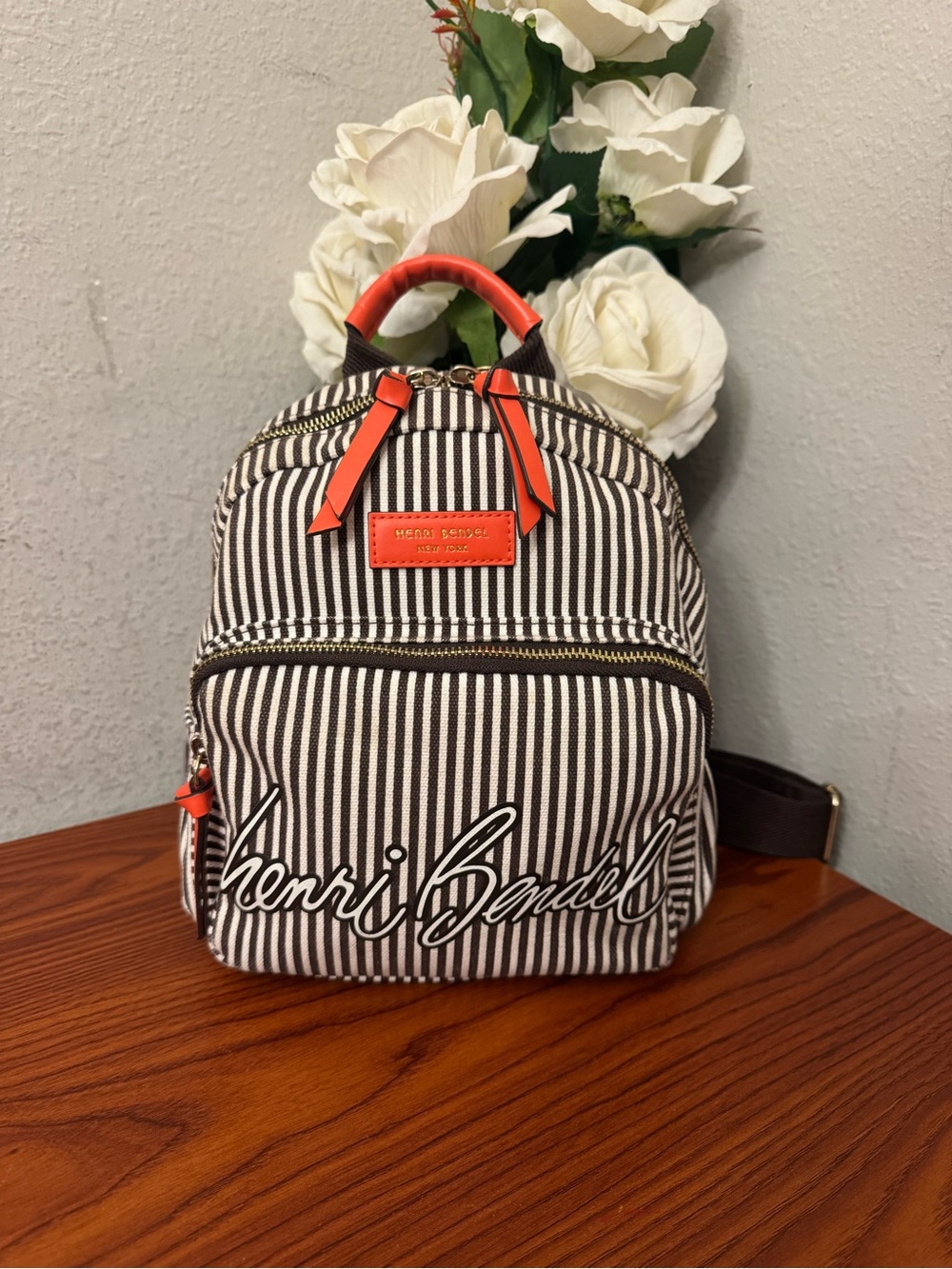 henri bendel Black and White Striped Mini Backpack with Orange Accents